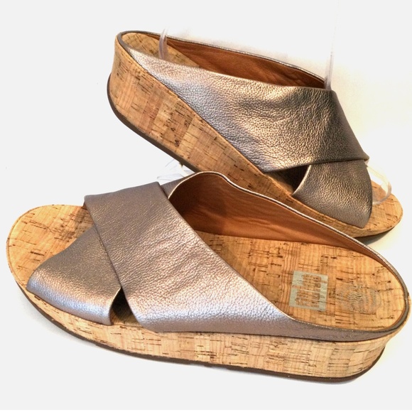 FitFlop Kys Bronze Size 9 Women Leather Crisscross Cork Slide Sandals EU 41 UK 7 - Picture 2 of 10